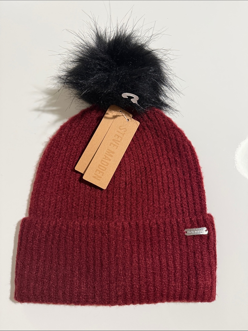 Steve Madden Burgundy Knit Beanie with Faux Fur Pom